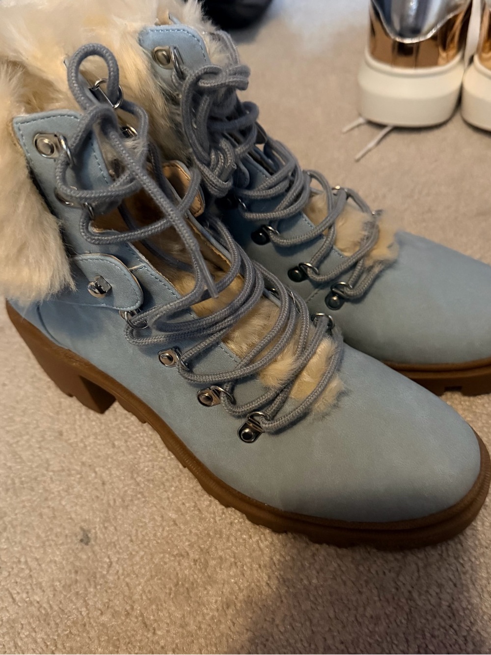 Just Fab Faux-Fur Trim Lace-Up Ankle Boots - Light Blue Brand New